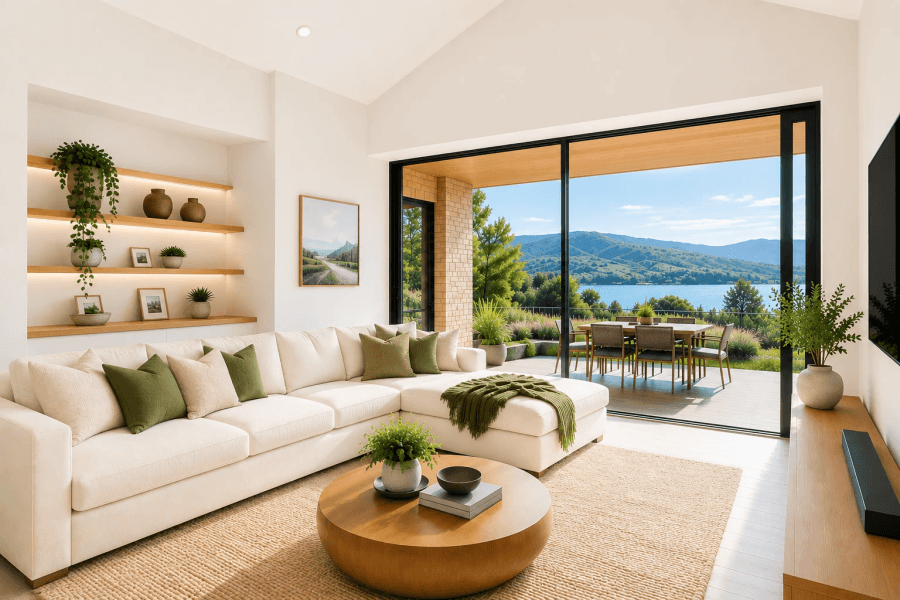 Same living room after AI enhancement, brighter with true-to-life colour