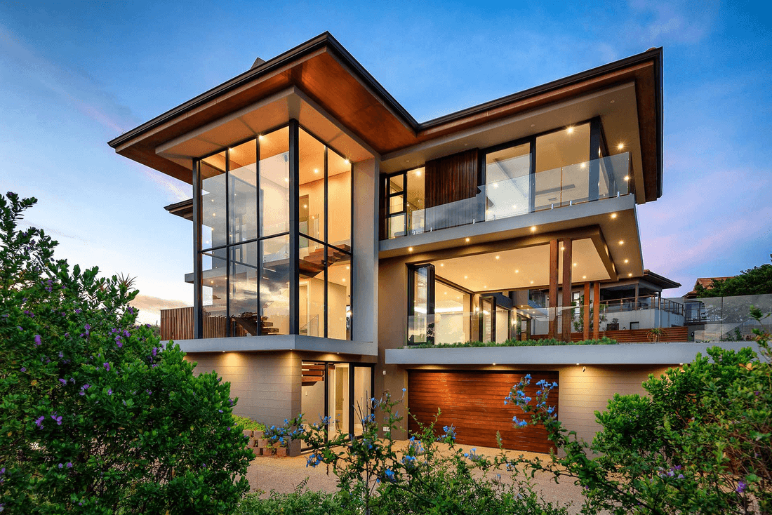 Modern property exterior at twilight, enhanced with AI
